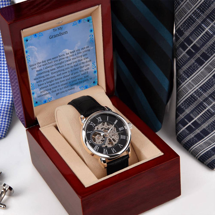 Men's Openwork Watch with a skeleton dial and in a mahogany box with a LED light angle 1