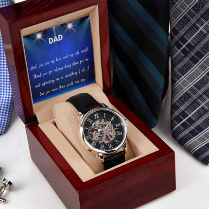 Men's Openwork Watch classic design in a mahogany box with a LED light angle 1