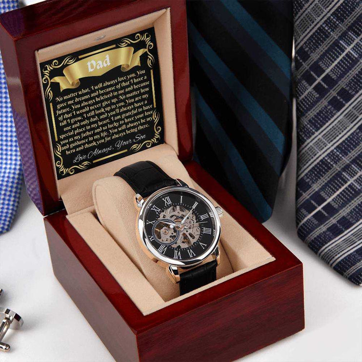 openwork watch in luxury box on a dressor with men's ties