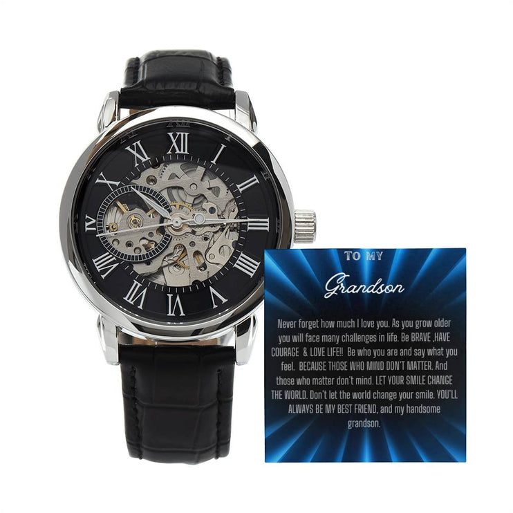 Men's Openwork Watch with silver/black face and black strap in a mahogany box angle 1