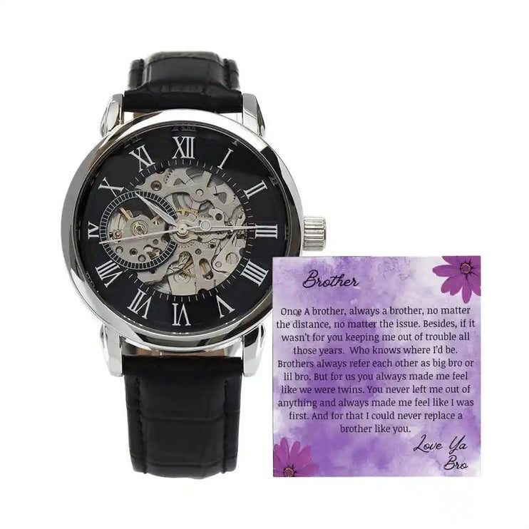 A men's openwork watch and a to brother greeting card no box.