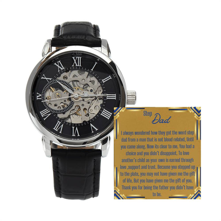 a men's openwork watch with a to stepdad greeting card.