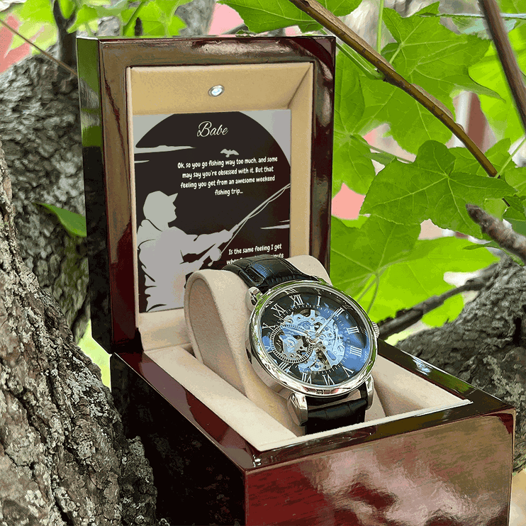 openwork watch in a mahogany gift box in a tree