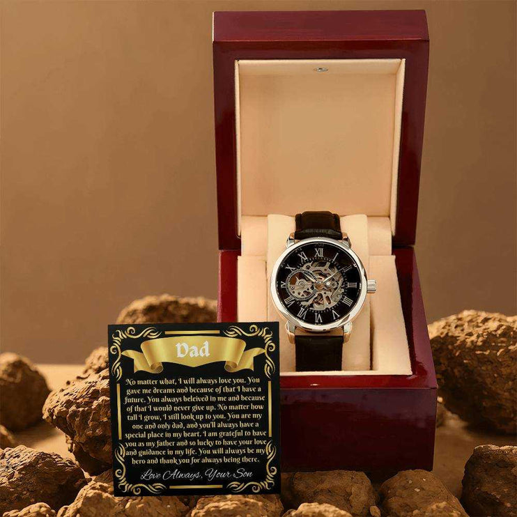 openwork watch in luxury box on rocks