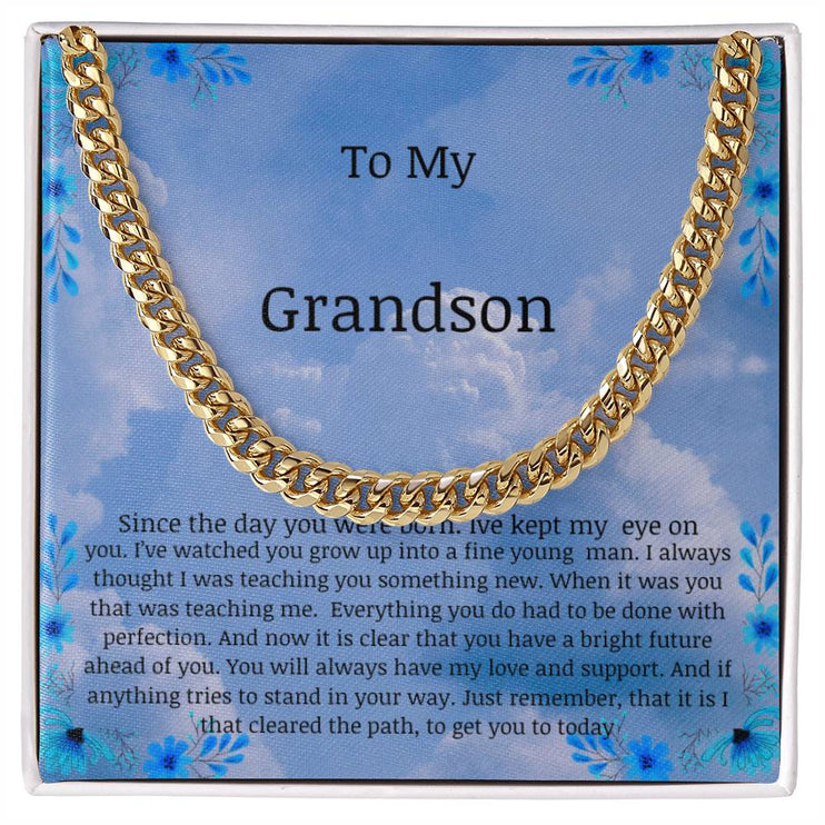 cuban chain necklace with a gold variant in standard box with a to my grandson message card