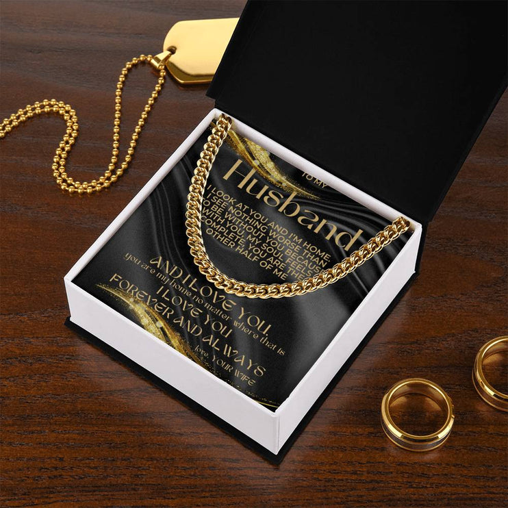 cuban chain necklace gold in 2-tone box with greeting card for husband