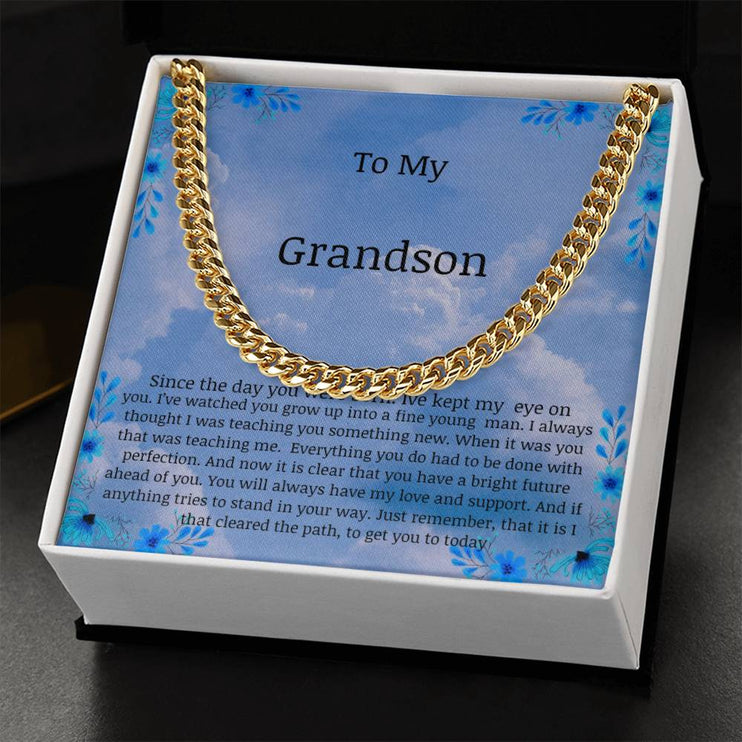 cuban chain necklace with a gold variant in standard box with a to my grandson message card