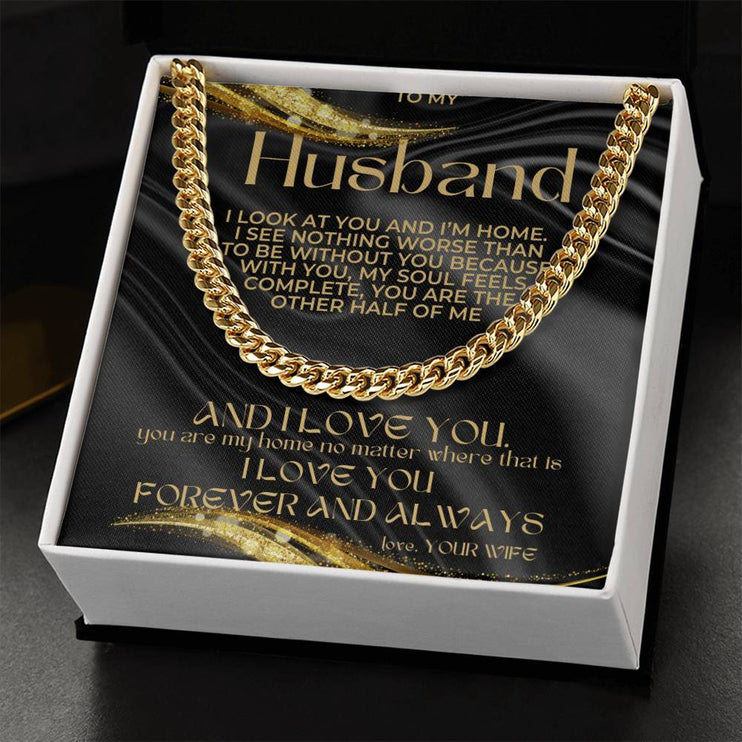 cuban chain necklace gold in 2-tone box with greeting card for husband
