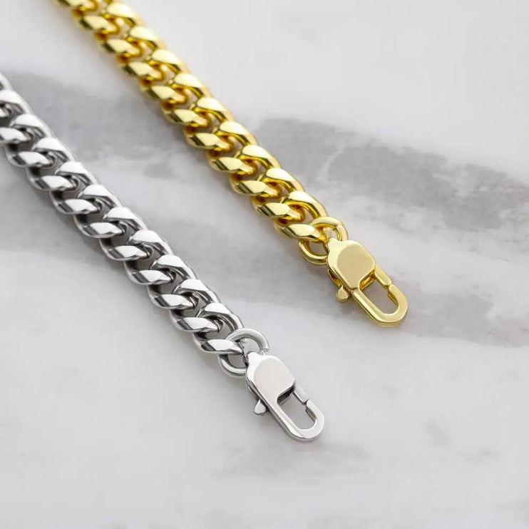 18k gold and polished stainless cuban link chain showing clasp 