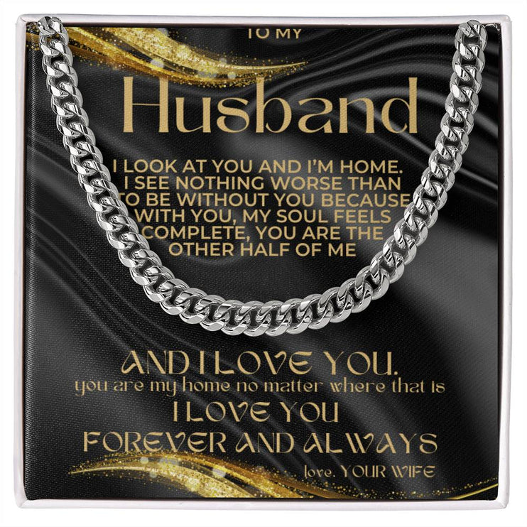 cuban chain necklace silver in 2-tone box with greeting card for husband