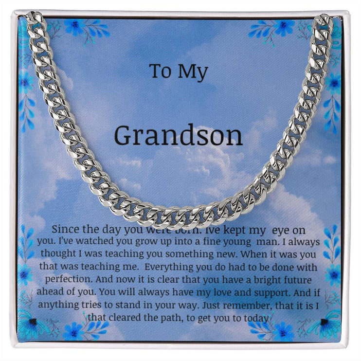 cuban chain necklace with a silver variant in standard box with a to my grandson message card