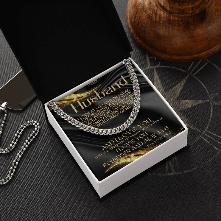 cuban chain necklace silver in 2-tone box with greeting card for husband