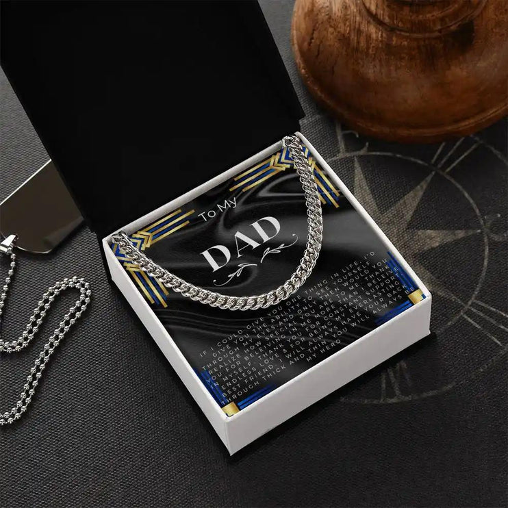 cuban chain necklace in silver variant 2-tone box with a greeting card for dad angle 2