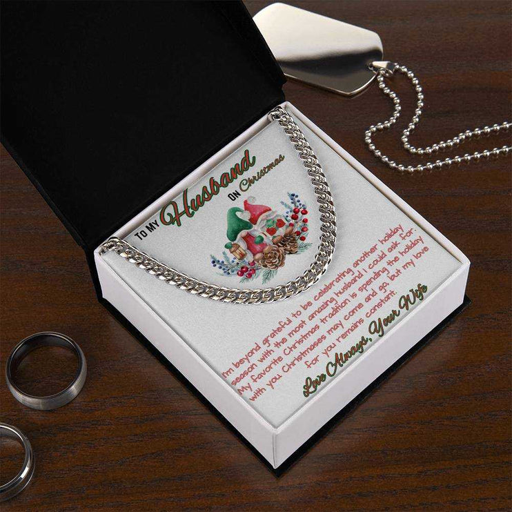 stainless-steel gold Cuban link chain in soft box angled to the left