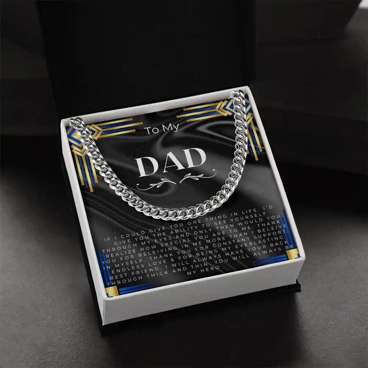 cuban chain necklace in silver variant 2-tone box with a greeting card for dad angle 3
