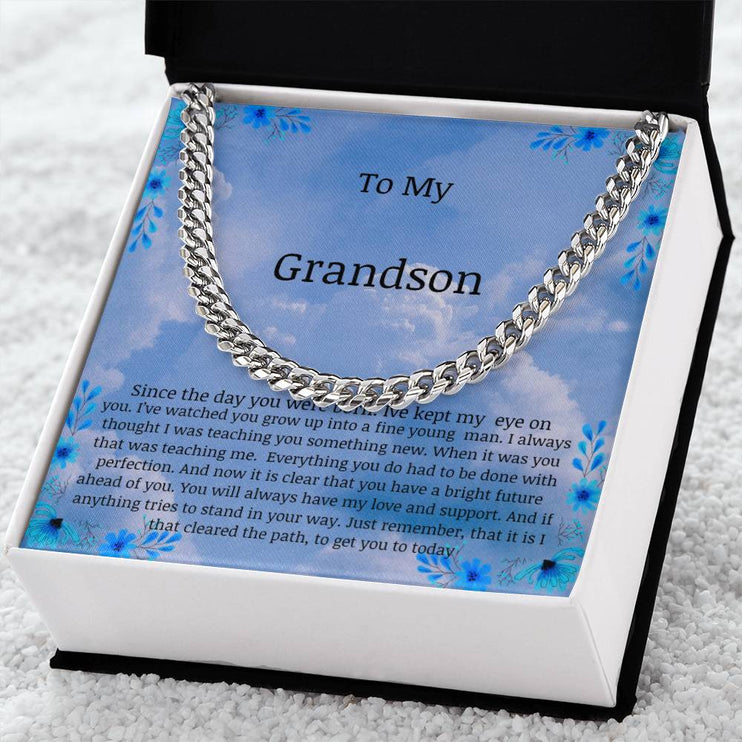 cuban chain necklace with a silver variant in standard box with a to my grandson message card