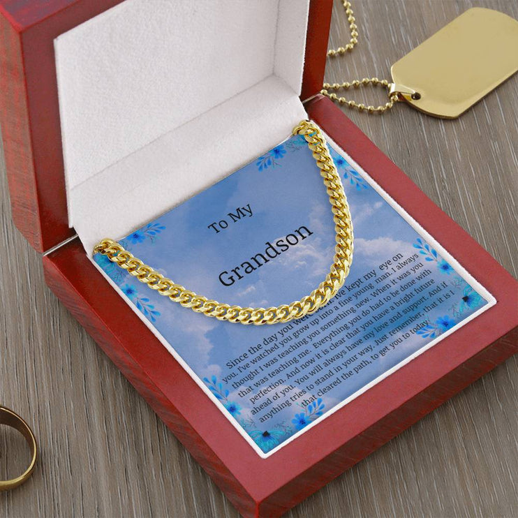 cuban chain necklace in a upgraded mahogany box with a to my grandson message card with a gold variant 