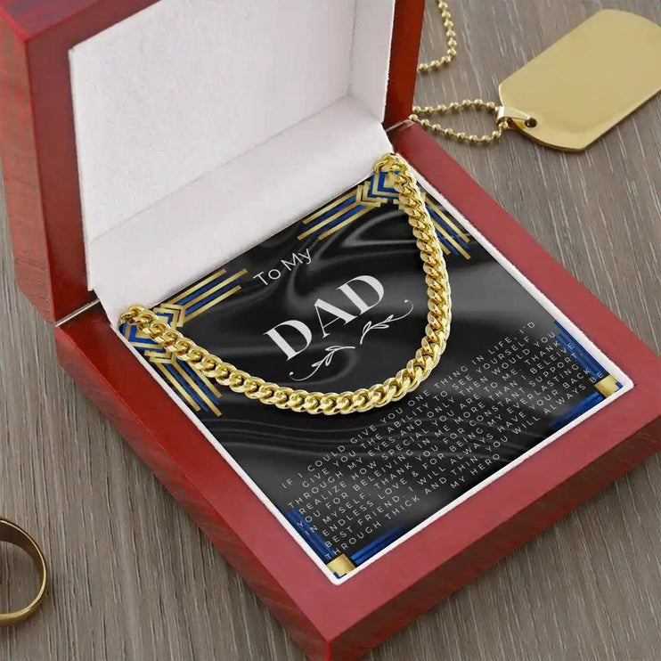 cuban chain necklace in gold variant mahogany box with a greeting card for dad