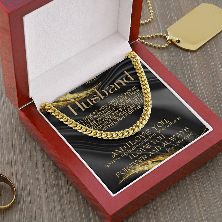 cuban chain necklace gold in mahogany box with greeting card for husband