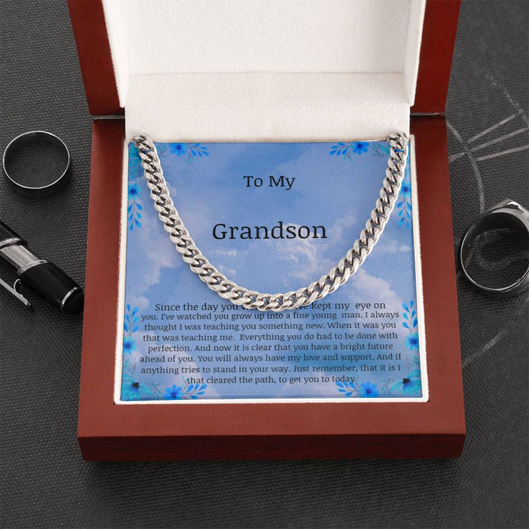 cuban chain necklace with a silver variant in mahogany box with a to my grandson message card 