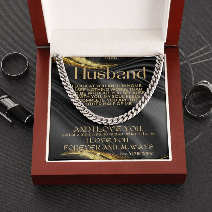 cuban chain necklace silver in mahogany box with greeting card for husband