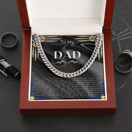 cuban chain necklace in silver variant mahogany box with a greeting card for dad