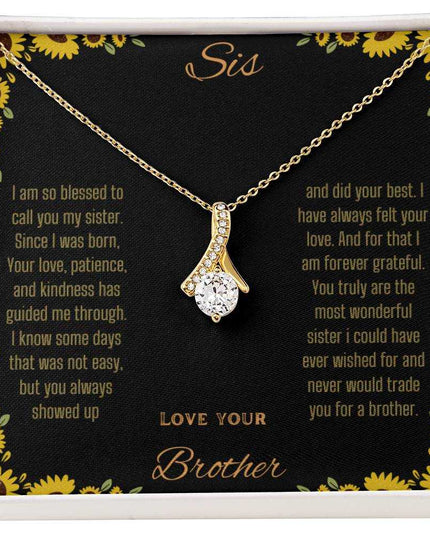Alluring Beauty Necklace with a yellow gold variant on a To Sis from Brother greeting card with a close up view