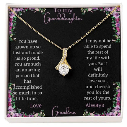 Alluring Beauty Necklace with a yellow gold charm with a to granddaughter from grandma greeting card up close