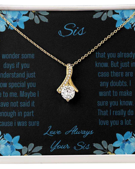 Alluring Beauty Necklace with a yellow gold variant on a to sis from sis greeting card with a close up view.