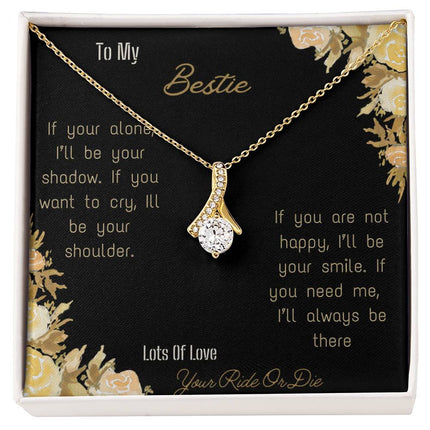 alluring beauty necklace with greeting card to bestie in two tone box in yellow gold close view