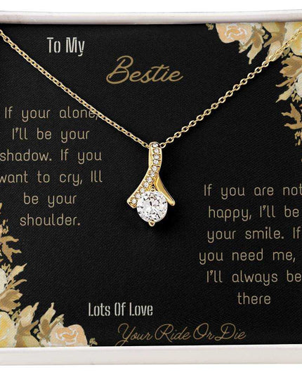 alluring beauty necklace with greeting card to bestie in two tone box in yellow gold close view