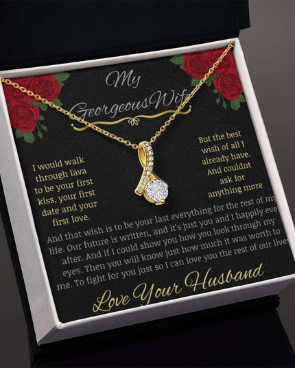 alluring beauty necklace with greeting card to beautiful wife in yellow gold in two tone box