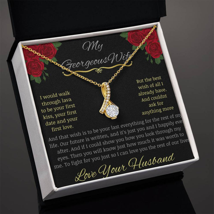 alluring beauty necklace with greeting card to beautiful wife in yellow gold in two tone box