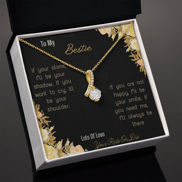alluring beauty necklace with greeting card to bestie in yellow box in white gold close view