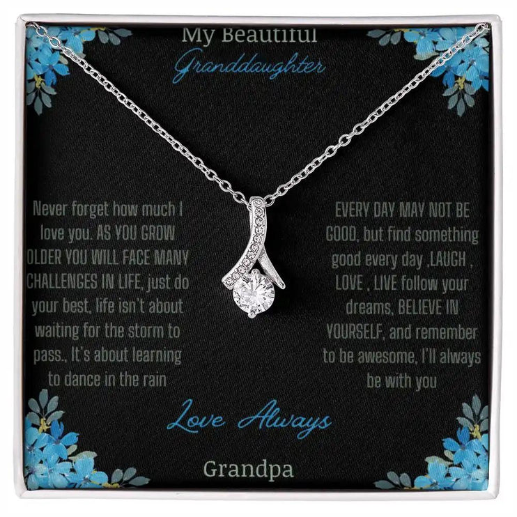 Alluring Beauty Necklace with a white gold charm with a to granddaughter from grandpa greeting card up close