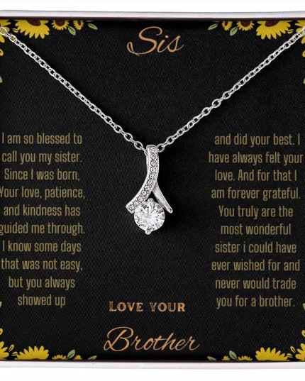 Alluring Beauty Necklace with a white gold variant on a To Sis from Brother greeting card close up view
