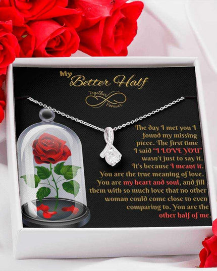 white gold alluring beauty necklace in soft box with red roses
