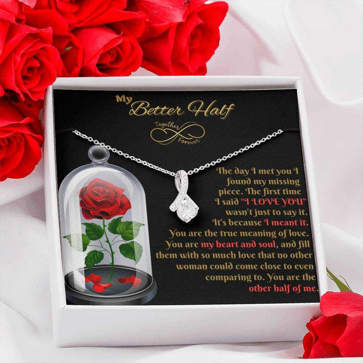 white gold alluring beauty necklace in soft box with red roses