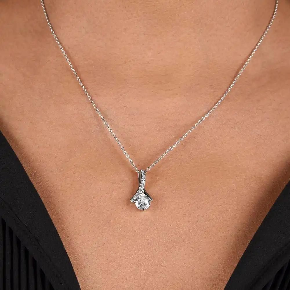 white gold alluring beauty necklace on model's neck