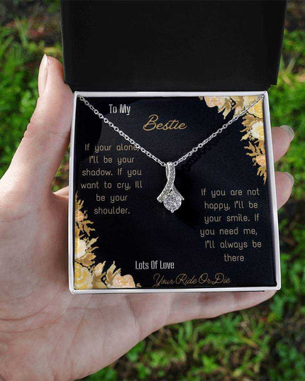 alluring beauty necklace with greeting card to bestie in two tone box in white gold close view