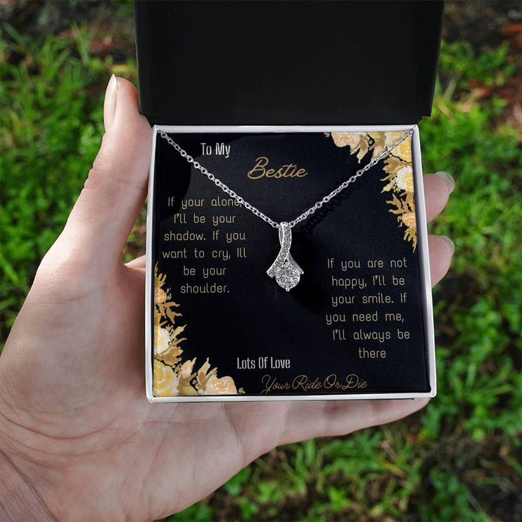 alluring beauty necklace with greeting card to bestie in two tone box in white gold close view