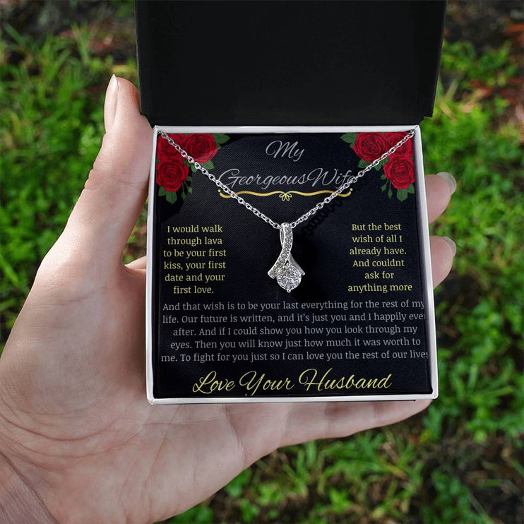 alluring beauty necklace with greeting card to beautiful wife in white gold in two tone box