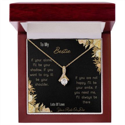 alluring beauty necklace with greeting card to bestie in mahogany box in yellow gold close view
