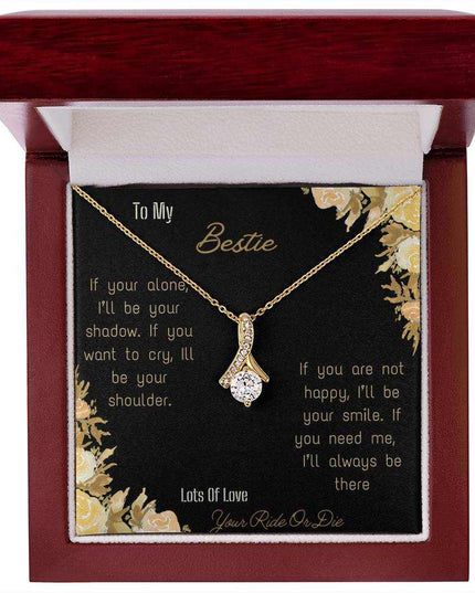 alluring beauty necklace with greeting card to bestie in mahogany box in yellow gold close view