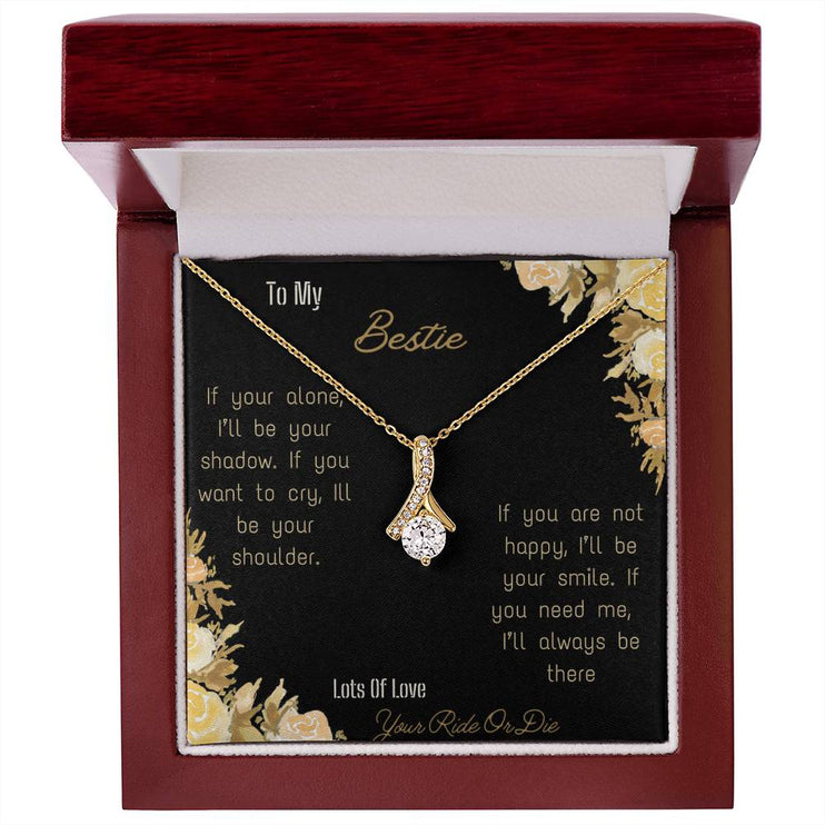 alluring beauty necklace with greeting card to bestie in mahogany box in yellow gold close view