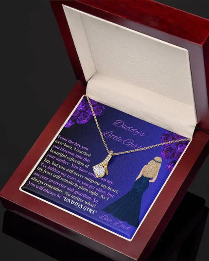 yellow gold alluring beauty necklace in mahogany box angled to left
