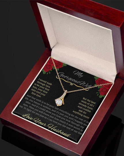 alluring beauty necklace with greeting card to beautiful wife in yellow gold in mahogany box.