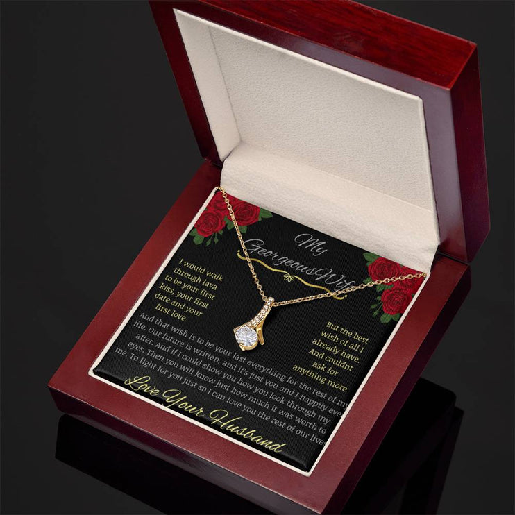 alluring beauty necklace with greeting card to beautiful wife in yellow gold in mahogany box.