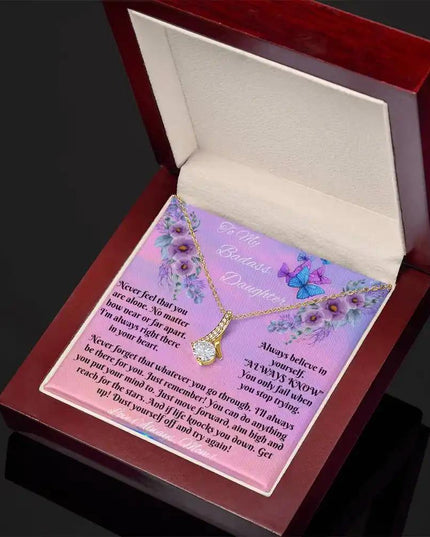 yellow gold alluring beauty necklace in a mahogany box angled right