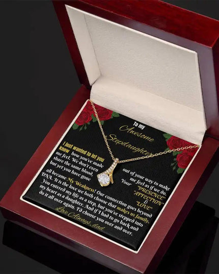 yellow gold alluring beauty necklace in a mahogany box angled right